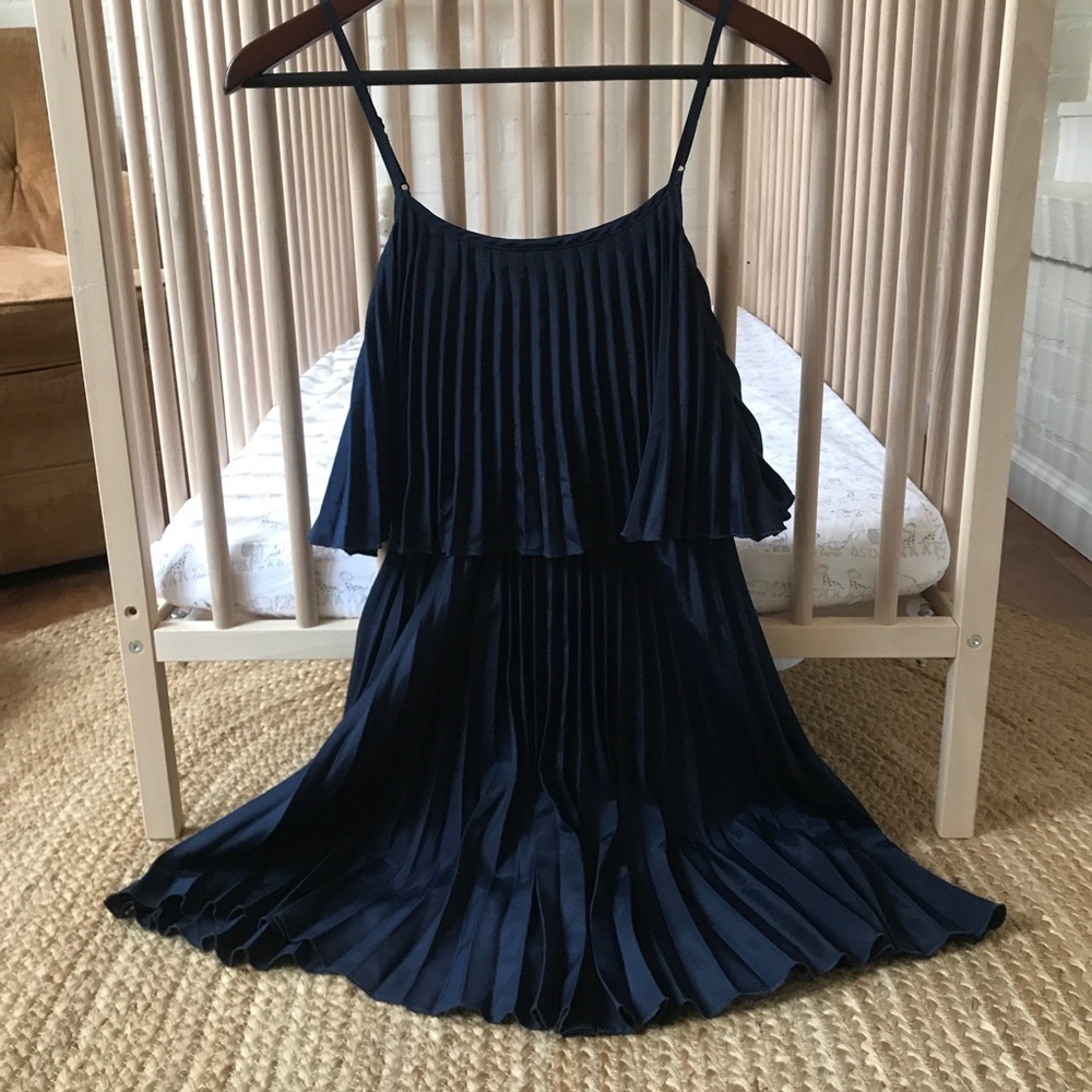 Navy pleated spaghetti strap dress with liner
